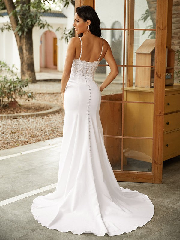 Wholesale Sheath/Column Stretch Crepe Lace V-neck Sleeveless Sweep/Brush Train Wedding Dresses